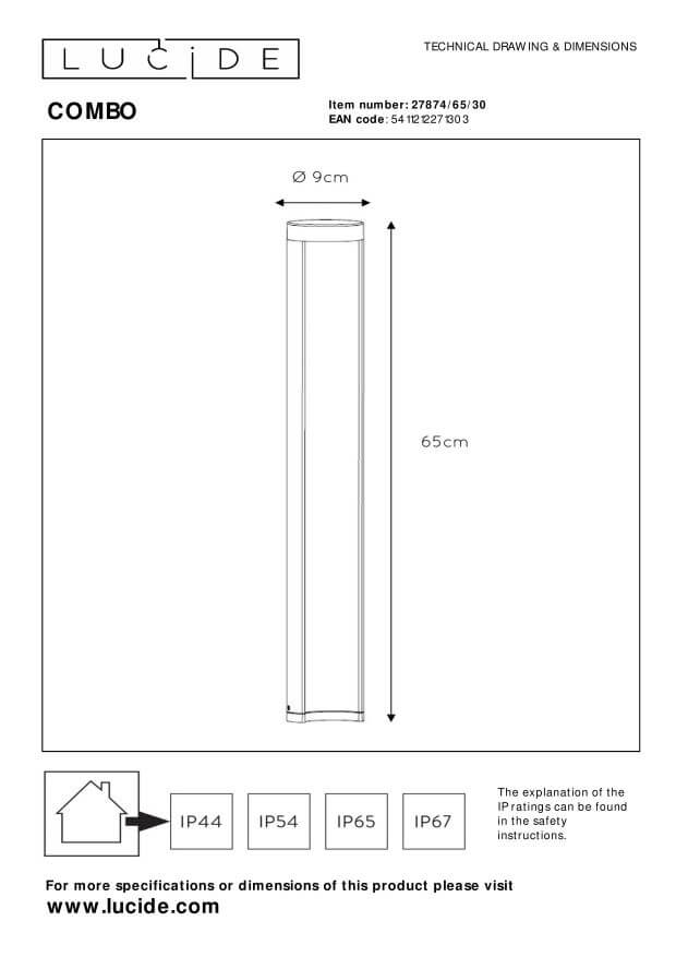 Schéma technique coté indiquant la hauteur de 65 cm et le diamètre de 9 cm