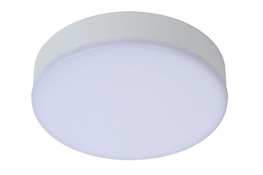 Vue rapprochée du plafonnier éteint, cerclage blanc et diffuseur translucide clair
