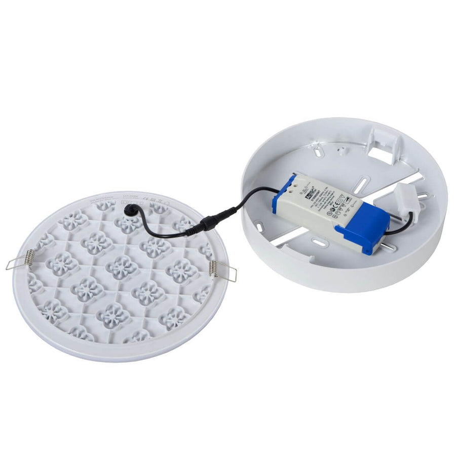 Détail de l'arrière : driver LED, module à motifs et ressorts de fixation au plafond