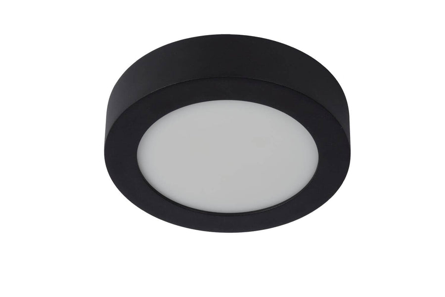 Produit de face, plafonnier noir éteint avec diffuseur blanc, sur fond blanc.