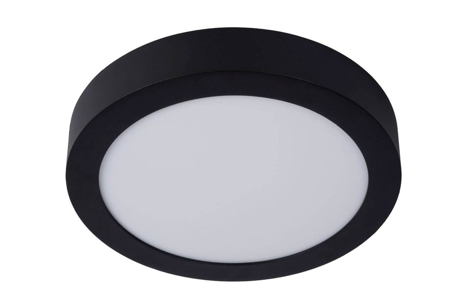 Produit éteint, plafonnier rond noir vu de dessous avec diffuseur blanc