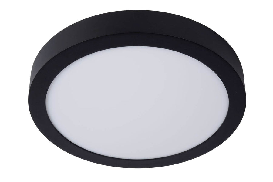 Vue de dessous du luminaire rond noir avec diffuseur blanc éteint