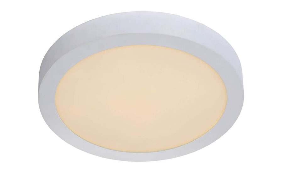 Produit seul de face sur fond blanc, plafonnier rond blanc avec diffuseur allumé