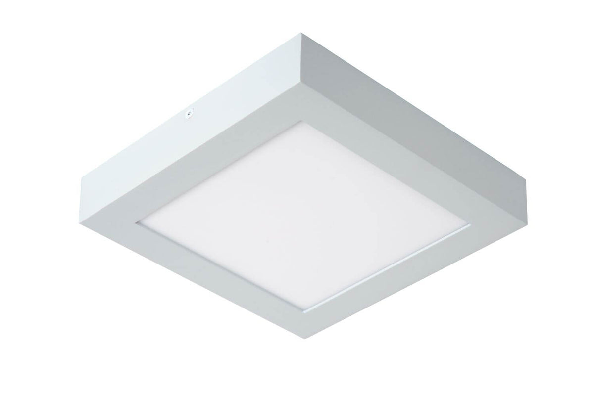 Vue plongeante du plafonnier carré blanc éteint, diffuseur dépoli et rebord saillant