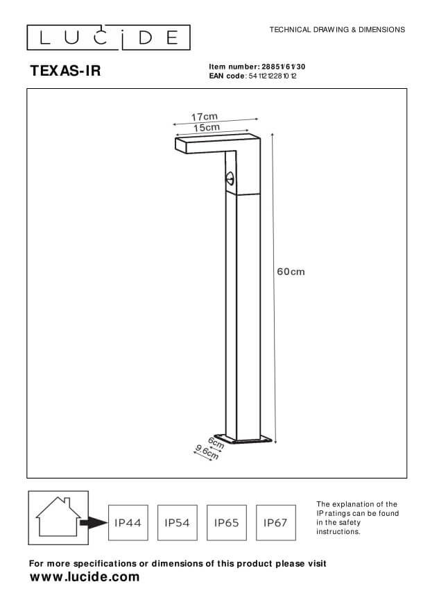 Schéma technique coté de la borne : hauteur 60 cm, largeur 17 cm, base 9,6 cm.