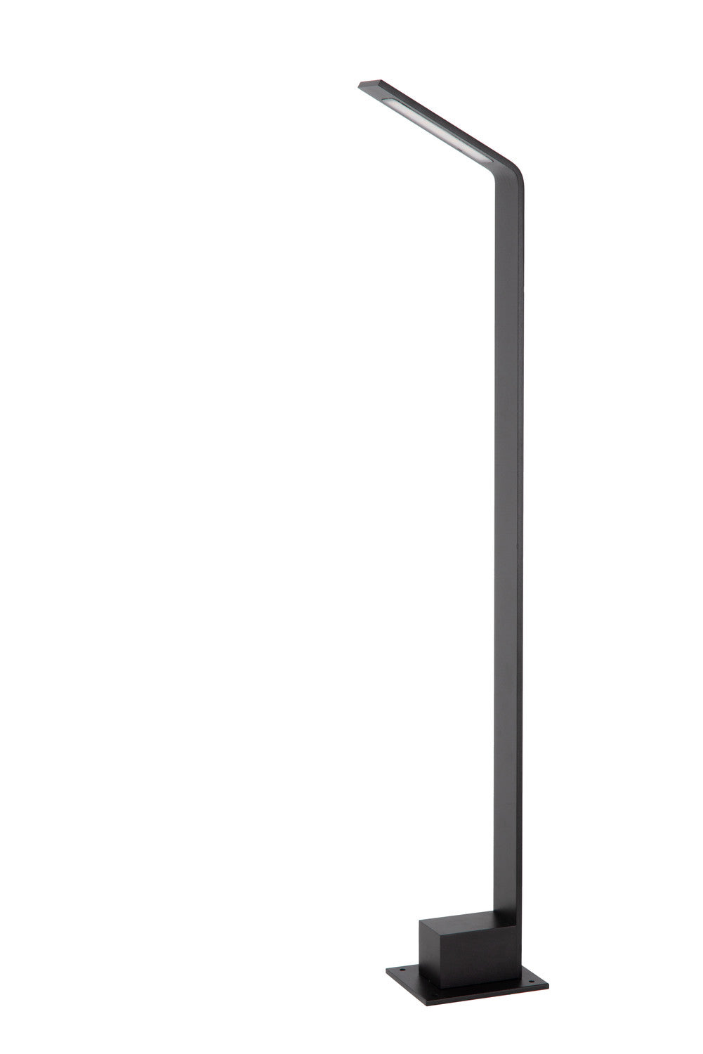 Profil de la borne noire avec tête inclinée et base rectangulaire à fixer.