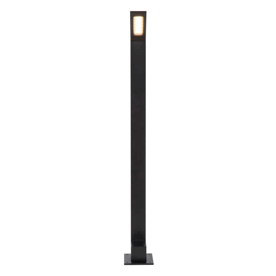 Face avant de la borne noire, rectangle lumineux au sommet du mât.