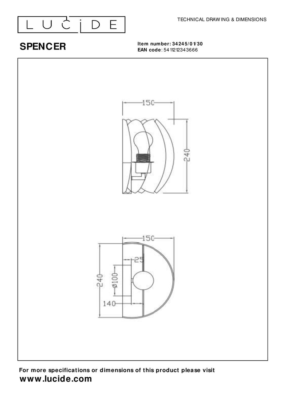 Schéma technique côtés de l'applique avec dimensions 150, 240 et 140 mm.
