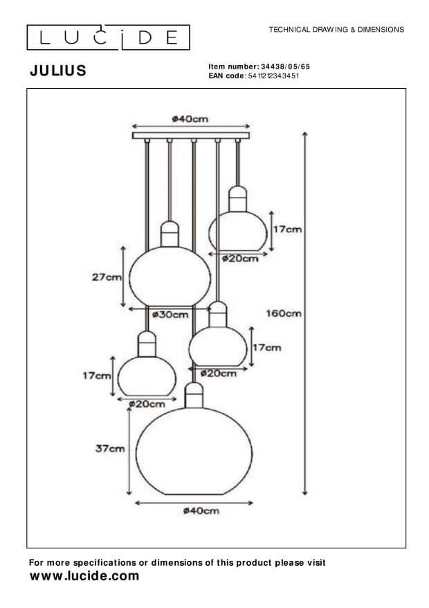 Schéma technique avec dimensions du luminaire et de ses globes