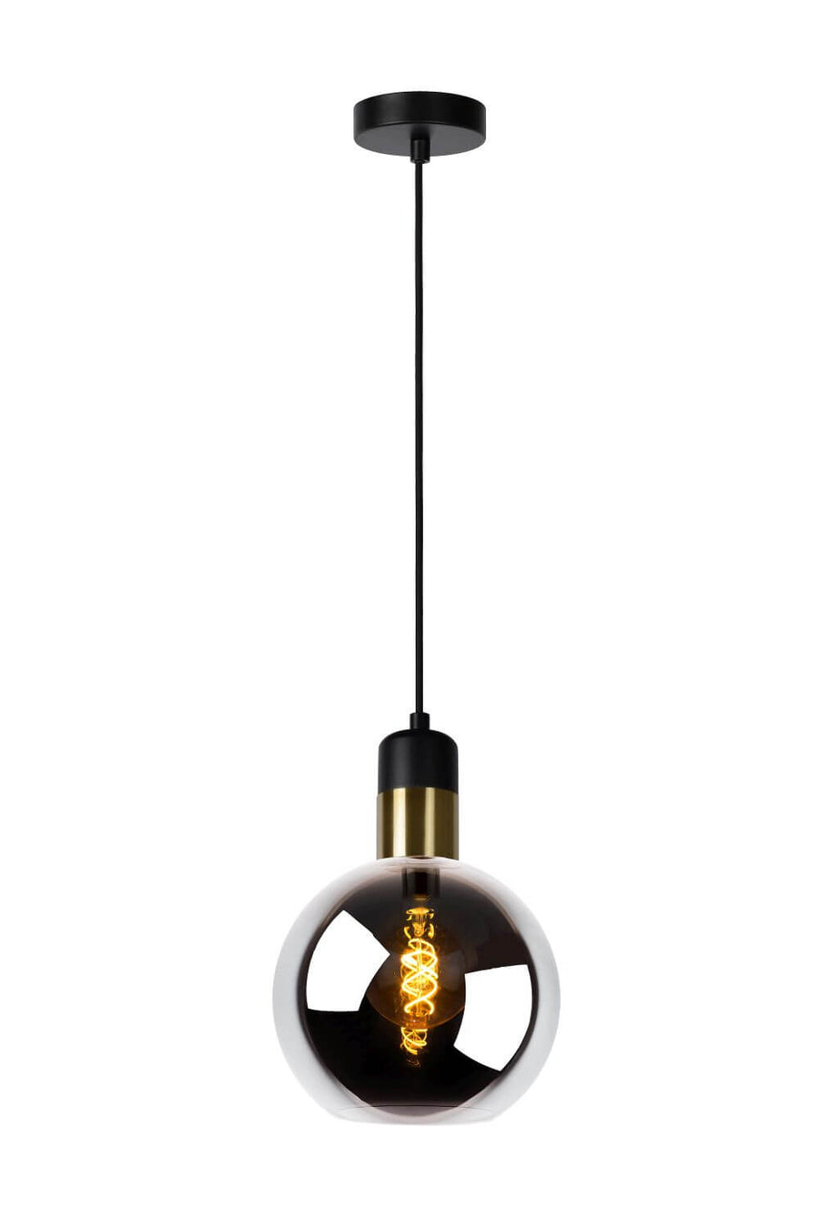 Suspension en verre fumé avec ampoule filament allumée sur fond blanc