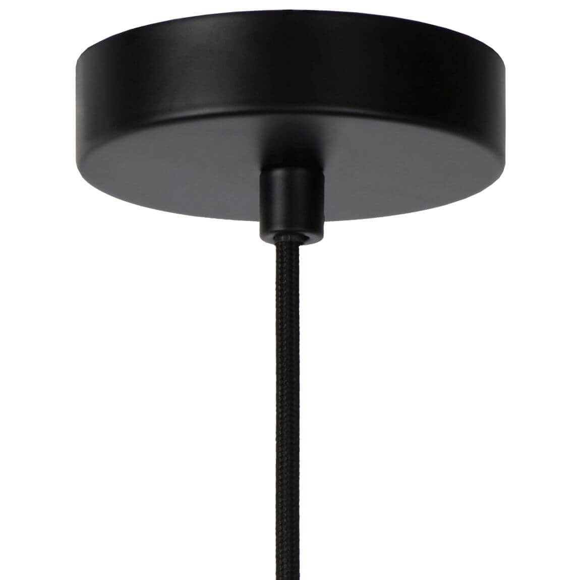 Détail du support plafond noir et du câble tressé de la suspension