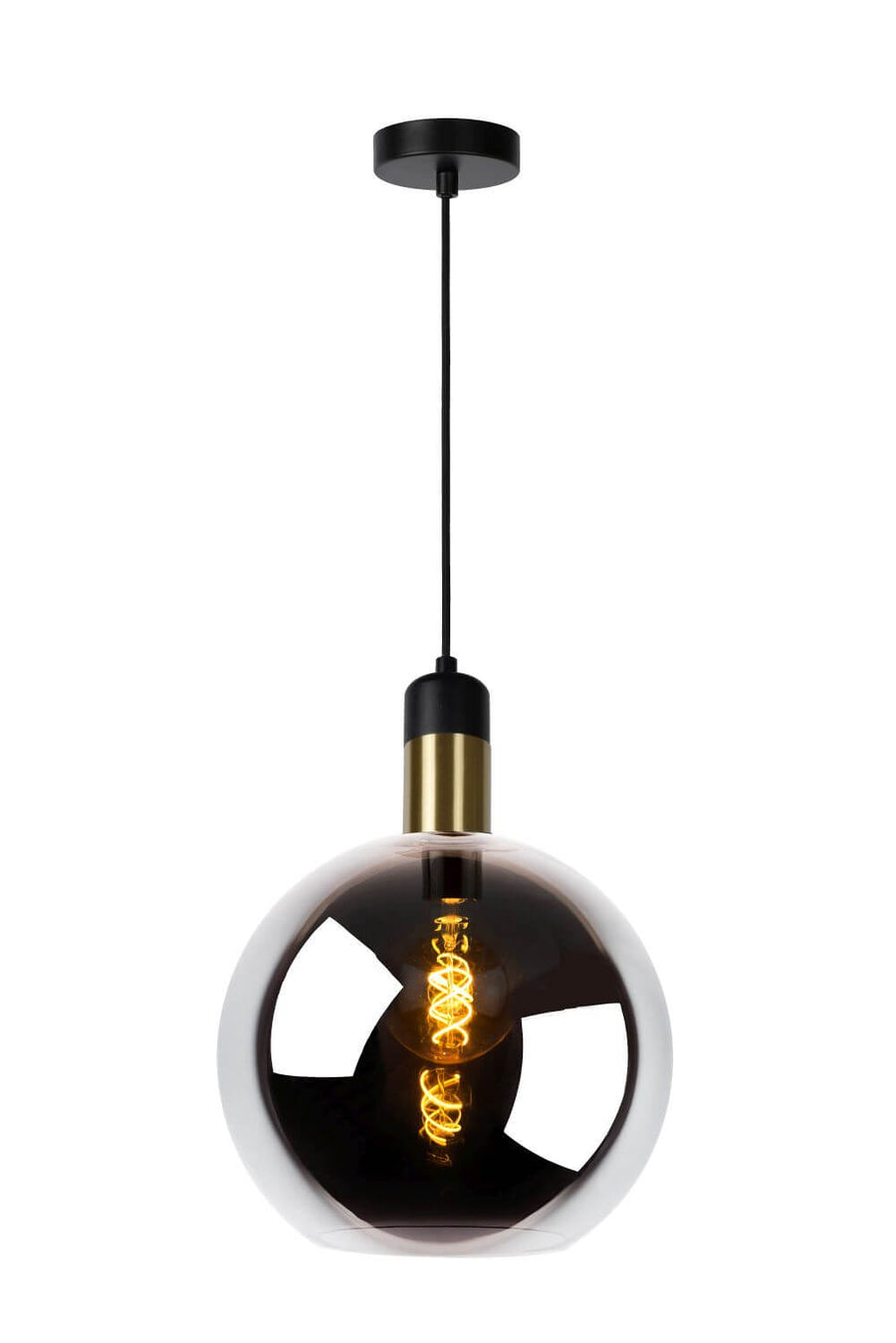Produit seul sur fond blanc, suspension en verre fumé avec douille noire et laiton