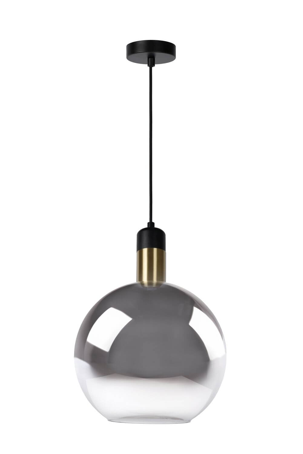 Suspension éteinte sur fond blanc, verre gris transparent et câble textile noir