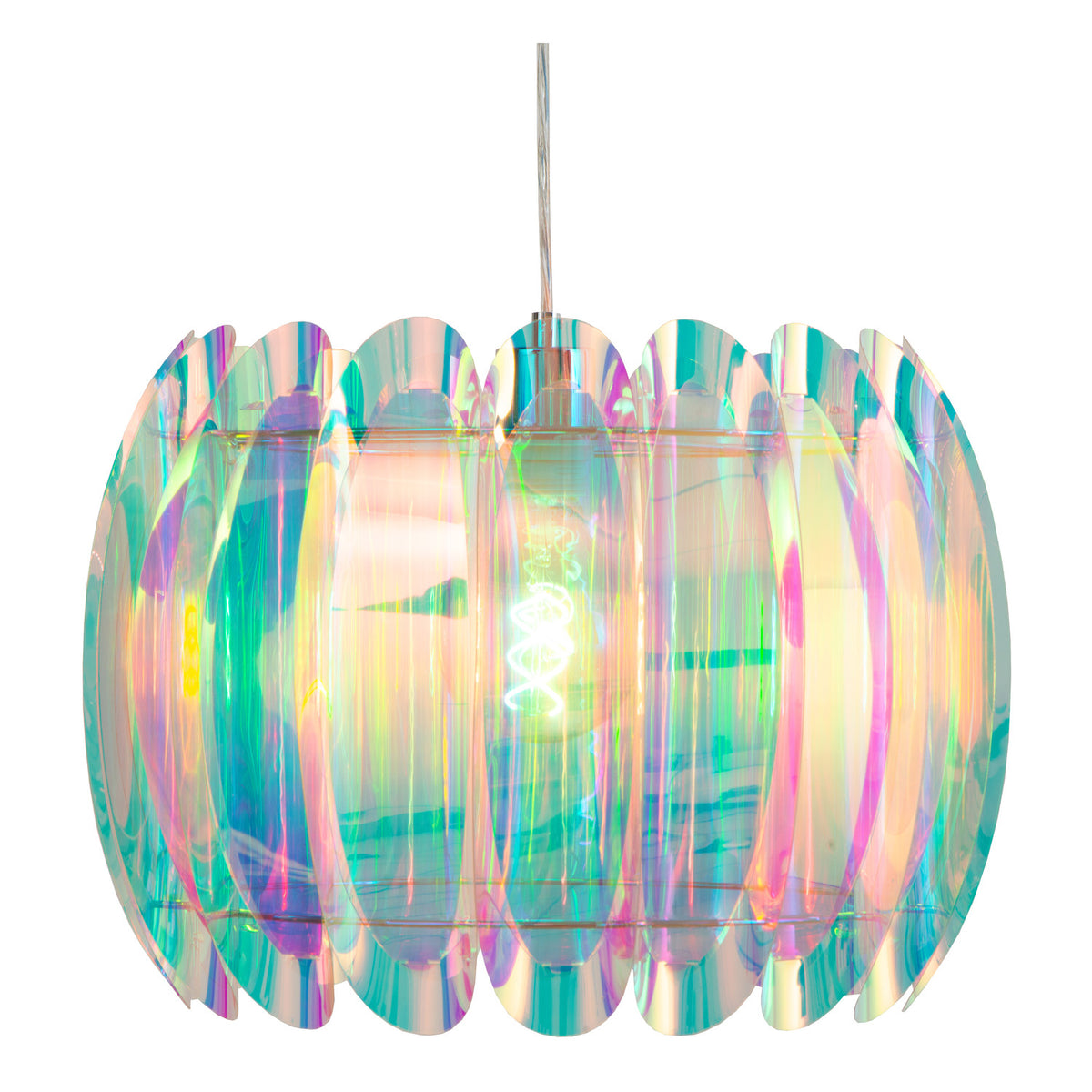 Luminaire suspendu présenté de face sur fond blanc, abat-jour iridescent festonné
