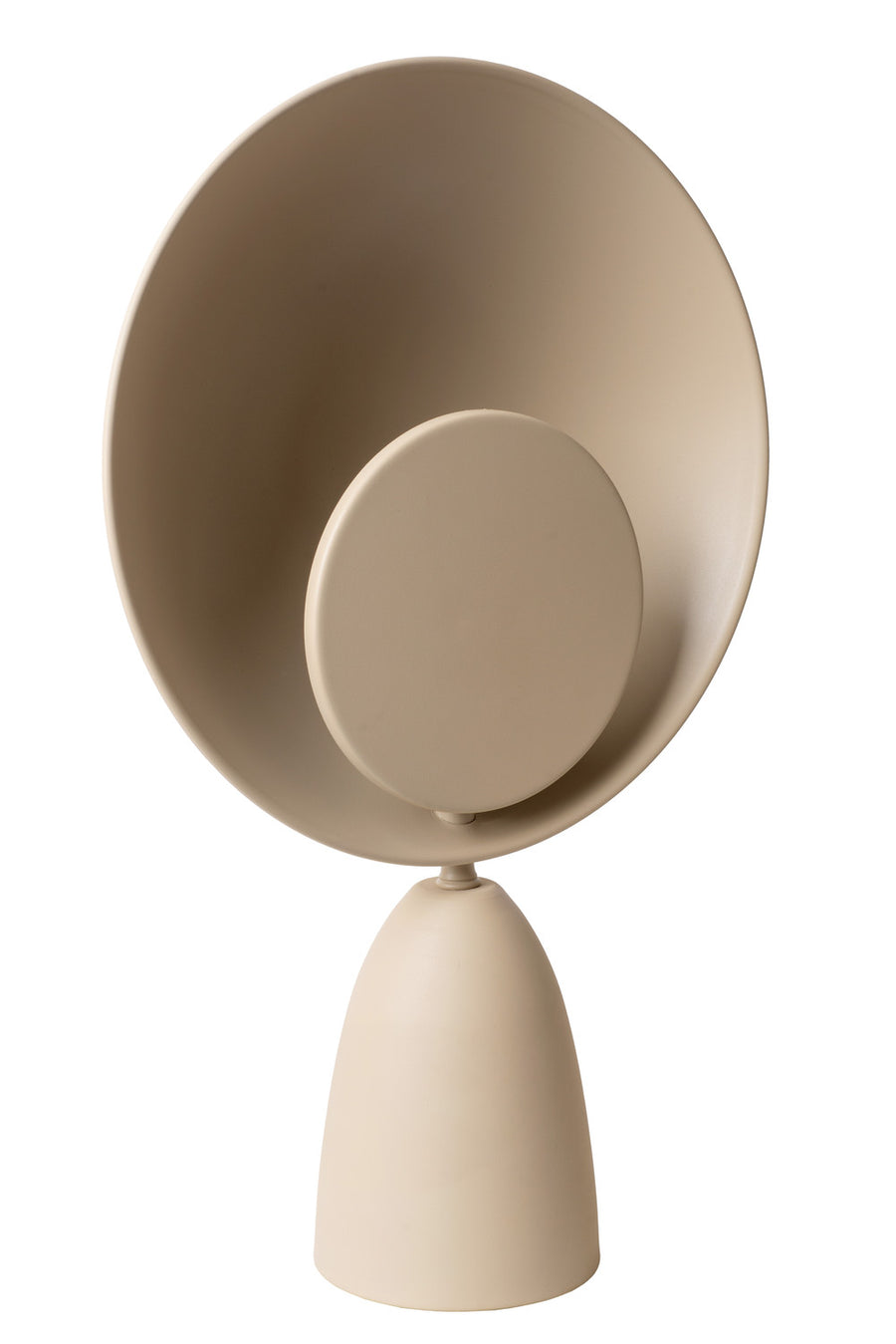 Vue arrière du luminaire éteint, finition mate taupe et socle conique
