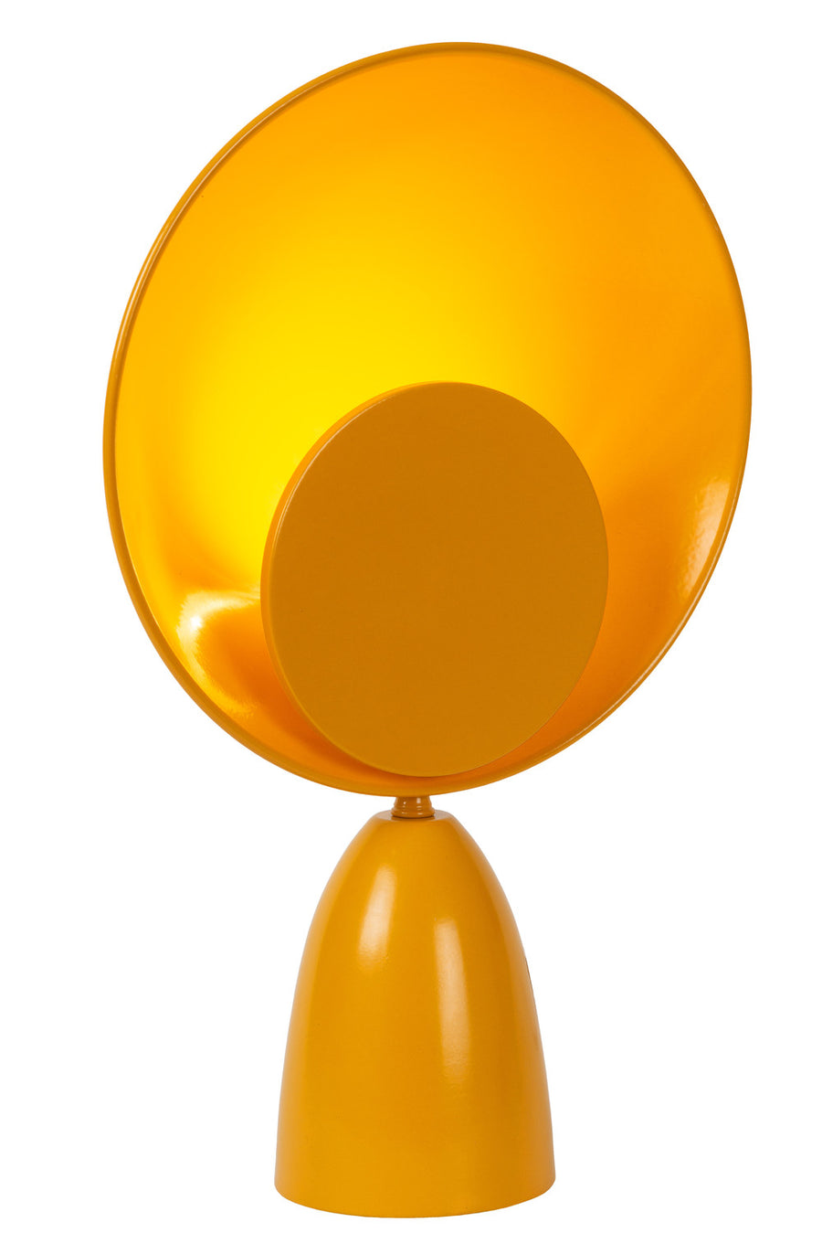 Lampe jaune de face sur fond blanc, abat-jour circulaire légèrement allumé
