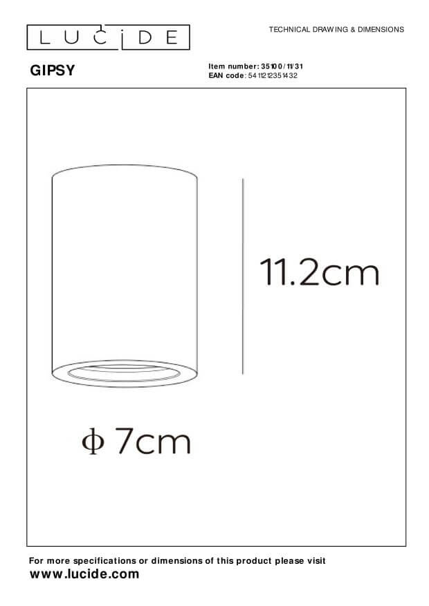 Schéma technique du plafonnier indiquant une hauteur de 11,2 cm et un diamètre de 7 cm.