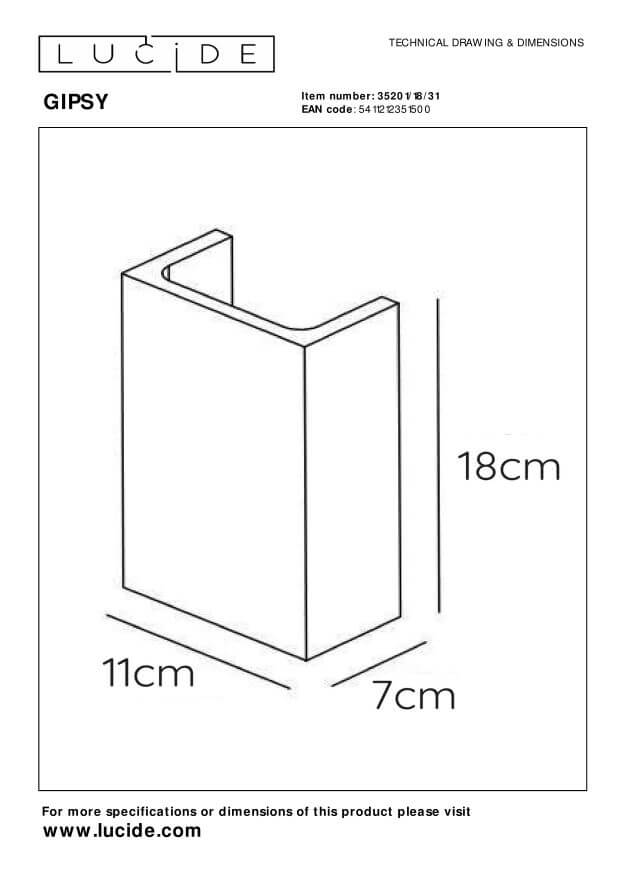 Schéma technique coté de l'applique murale avec dimensions 18, 11 et 7 cm