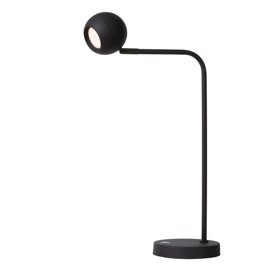 Vue d'ensemble de la lampe à poser noire avec tête sphérique inclinée