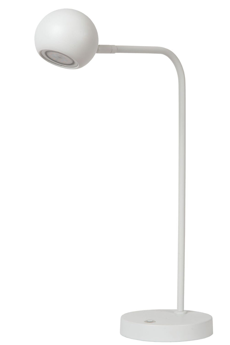 Lampe blanche entière avec bras recourbé et diffuseur orientable vers le bas.