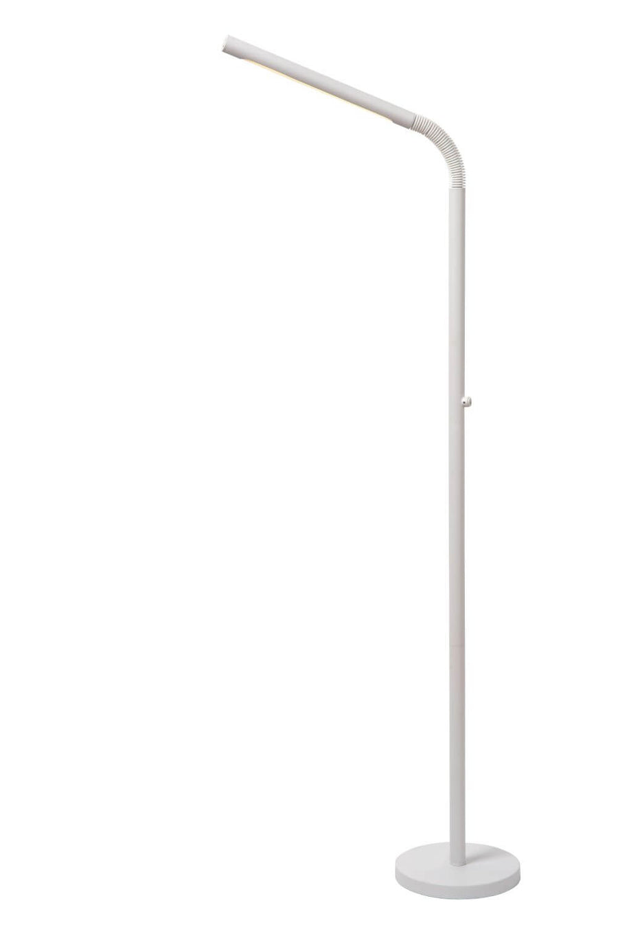 Vue en pied du lampadaire blanc, bras flexible et diffuseur allongé incliné.