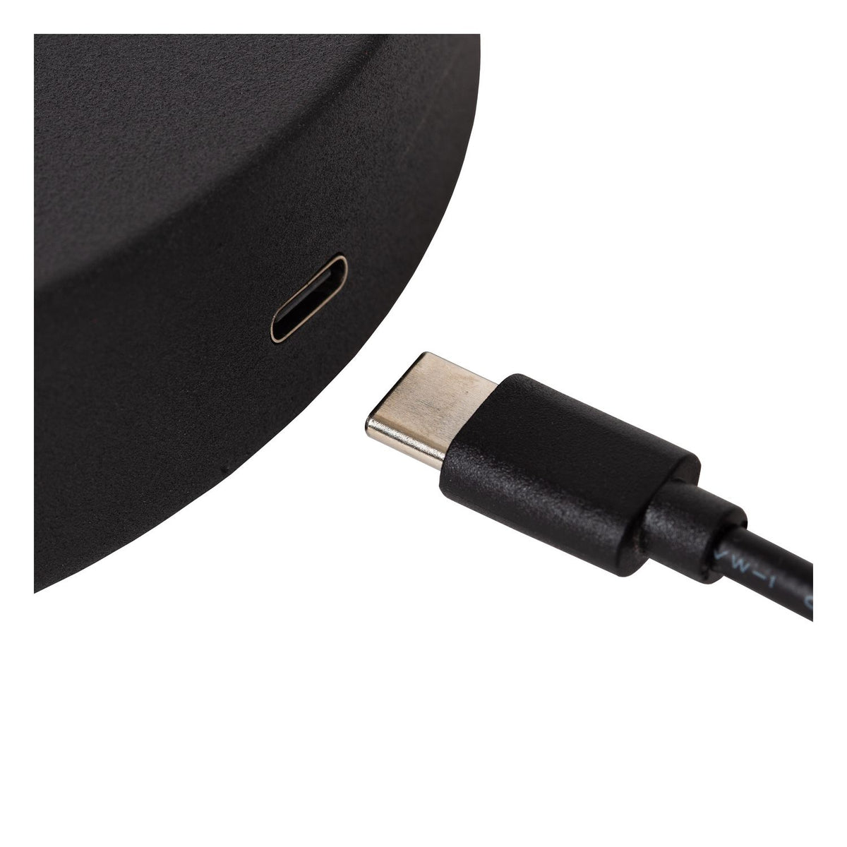 Détail de la base noire avec port USB-C et connecteur de recharge.