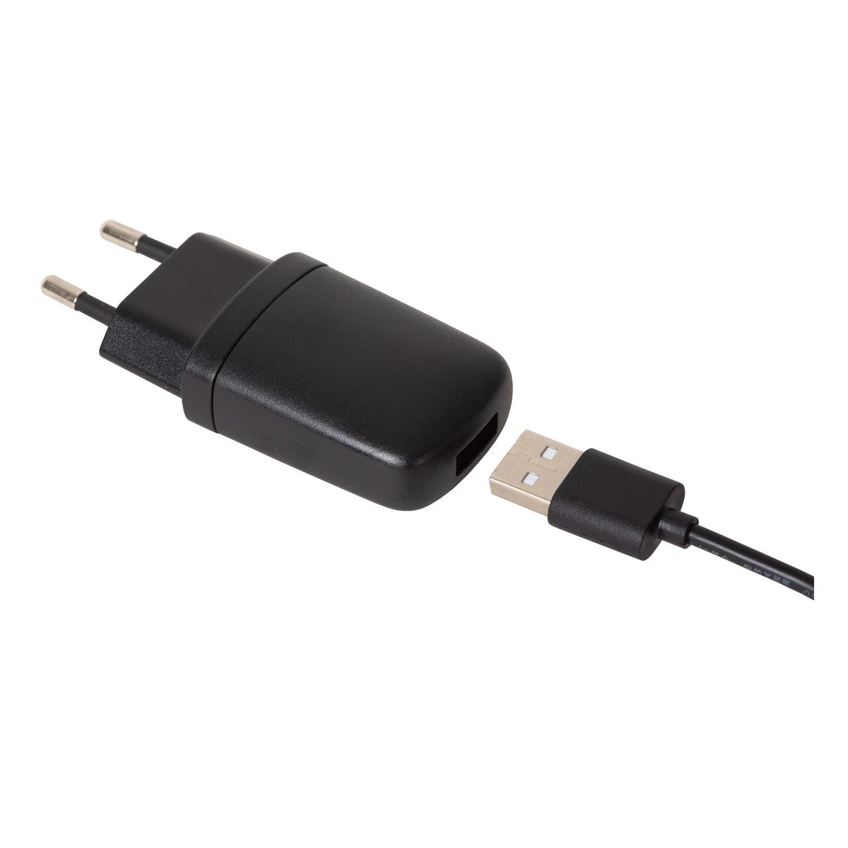 Chargeur secteur noir avec câble USB, fiche européenne et connecteur USB mâle.