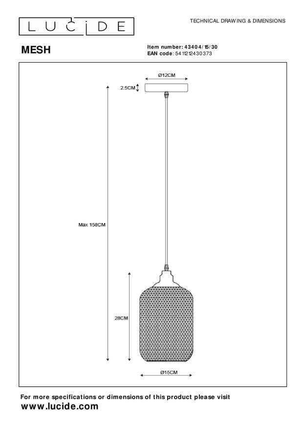 Schéma technique coté de la suspension : rosace, câble réglable et dimensions du diffuseur.