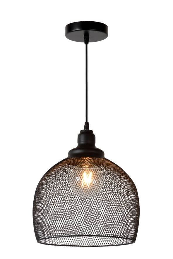 Suspension en maille noire de face sur fond blanc, ampoule allumée