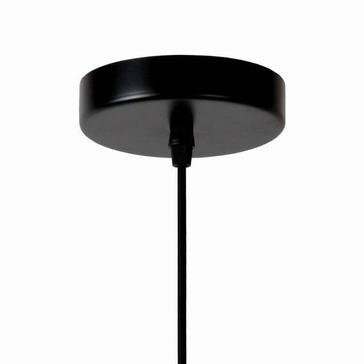 Détail de la rosace ronde noire fixée au plafond avec câble gainé