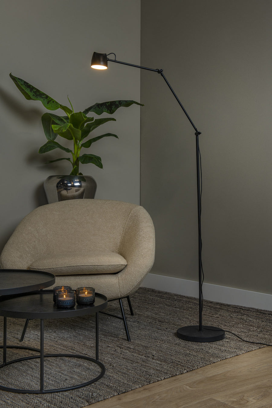 Vue en situation du lampadaire allumé au-dessus d'une plante verte