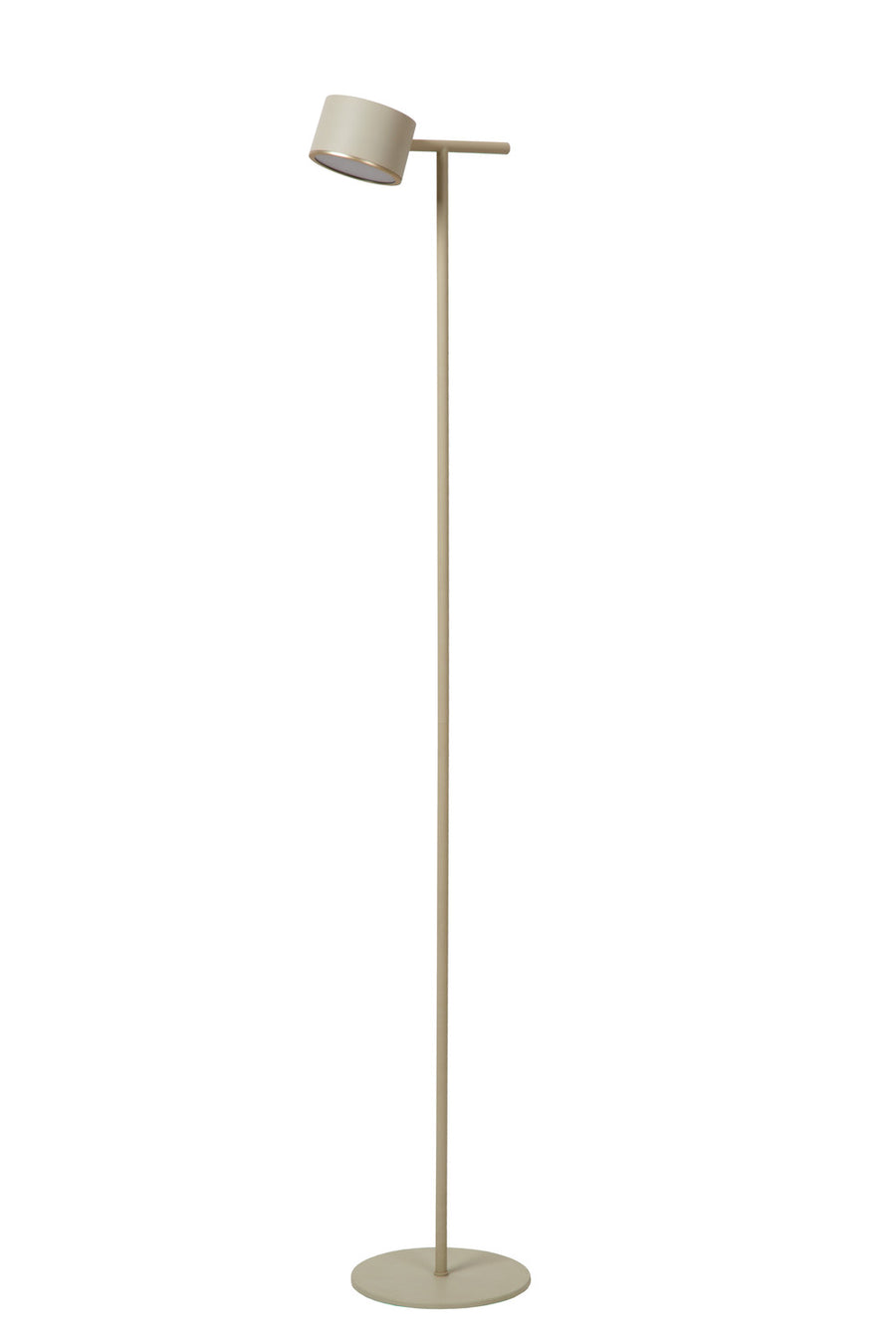 Lampadaire entier vu de face, abat-jour cylindrique taupe et long pied vertical.