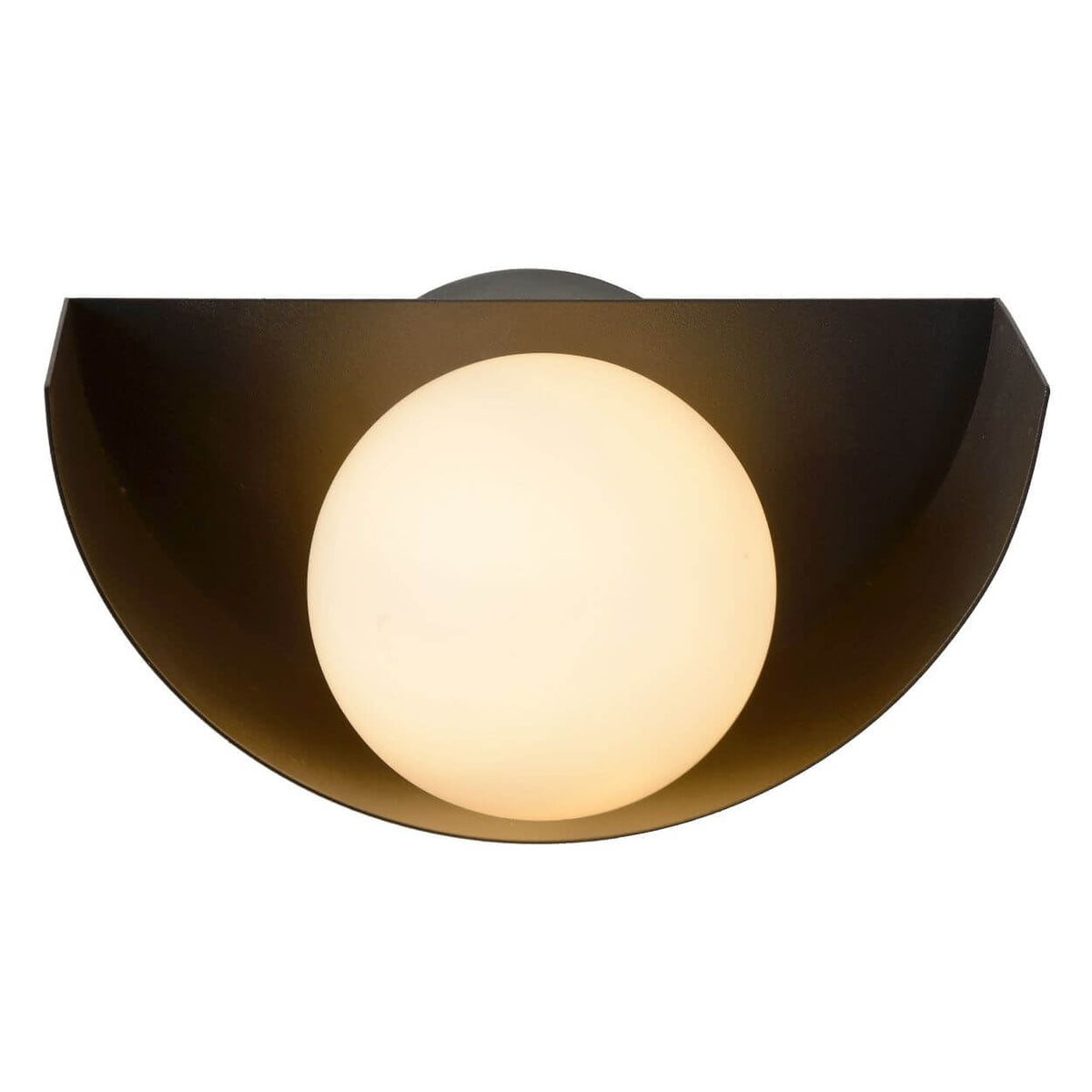 Produit de face sur fond blanc, coque noire et globe de verre opale