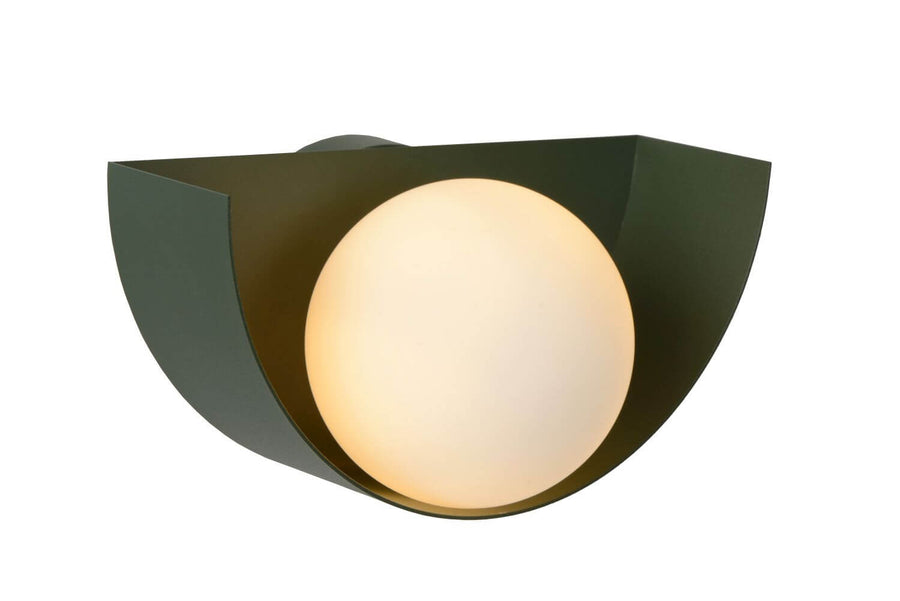 Produit de face sur fond blanc, coque verte et globe opale allumé