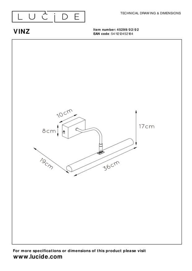 Schéma technique coté du luminaire doré, avec dimensions et repères de fixation murale.