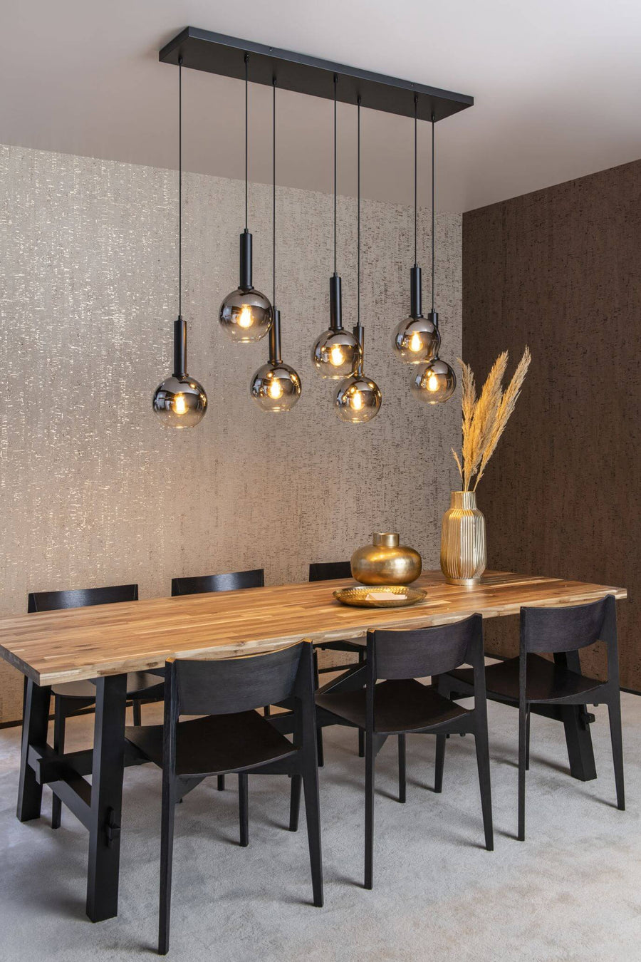 Suspension Marius 7 lumières noire et fumée, verre
