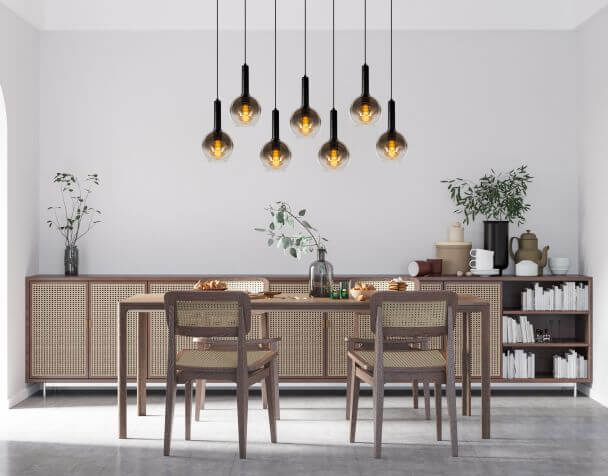 Suspension Marius 7 lumières noire et fumée, verre