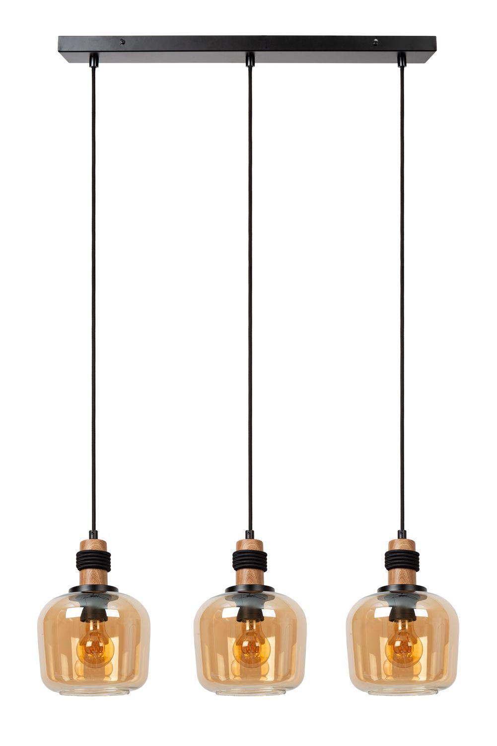 Suspension présentée de face sur fond blanc, trois globes en verre identiques