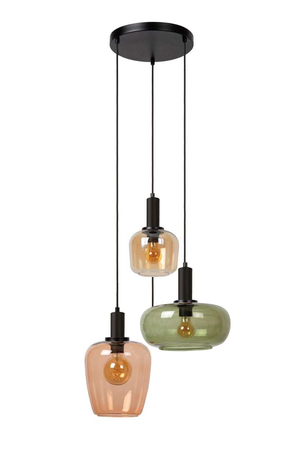 Vue d'ensemble du luminaire suspendu avec ses trois verres de formes différentes