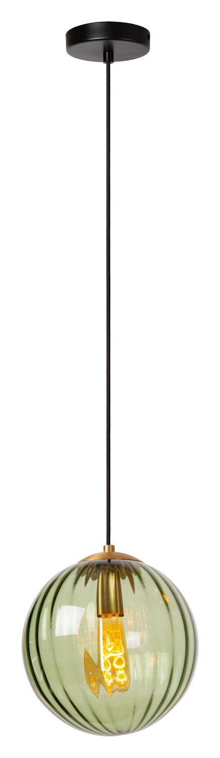 Vue d'ensemble du luminaire suspendu, câble noir et douille dorée apparente