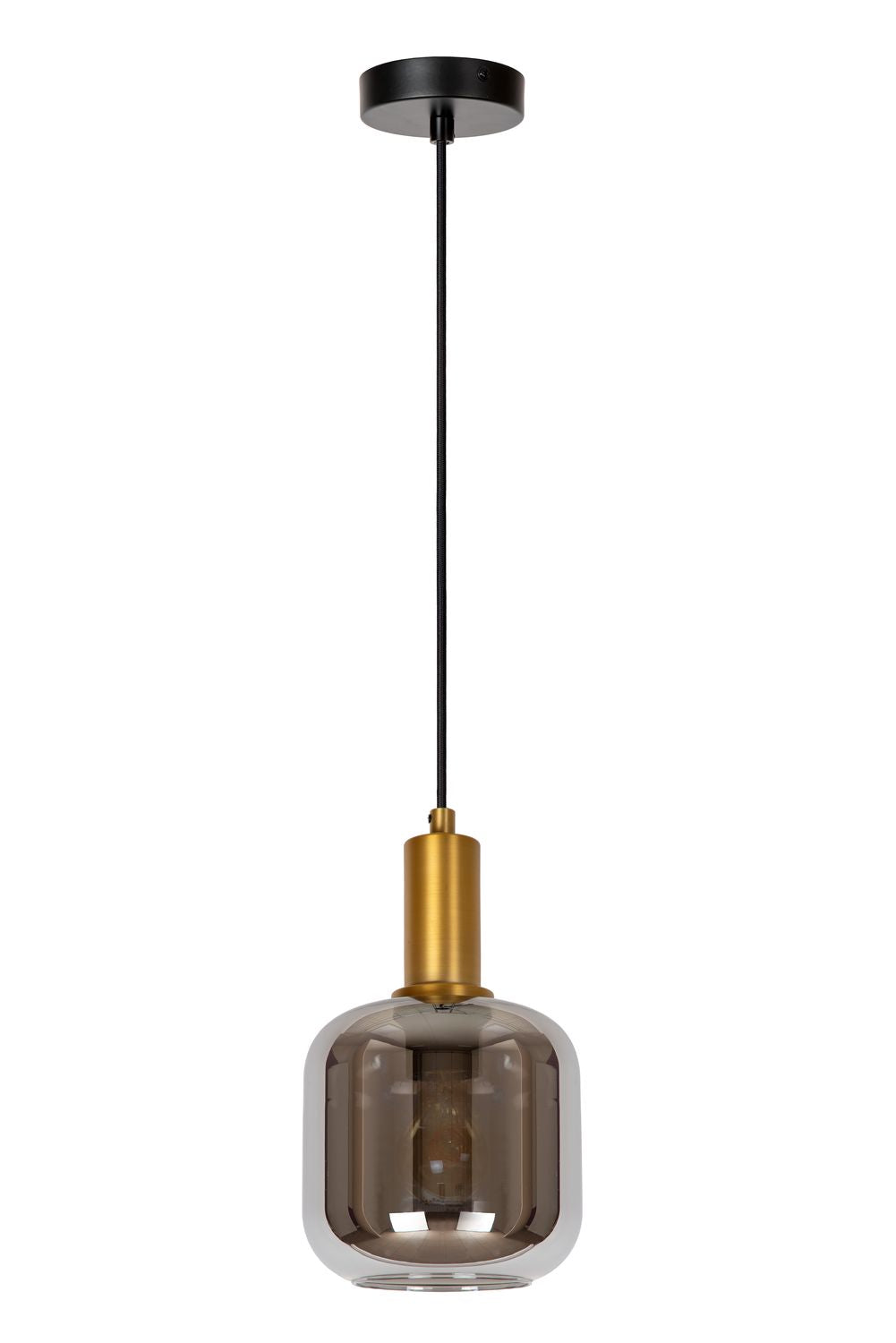 Suspension complète éteinte, verre fumé, douille dorée et câble noir sur fond blanc.