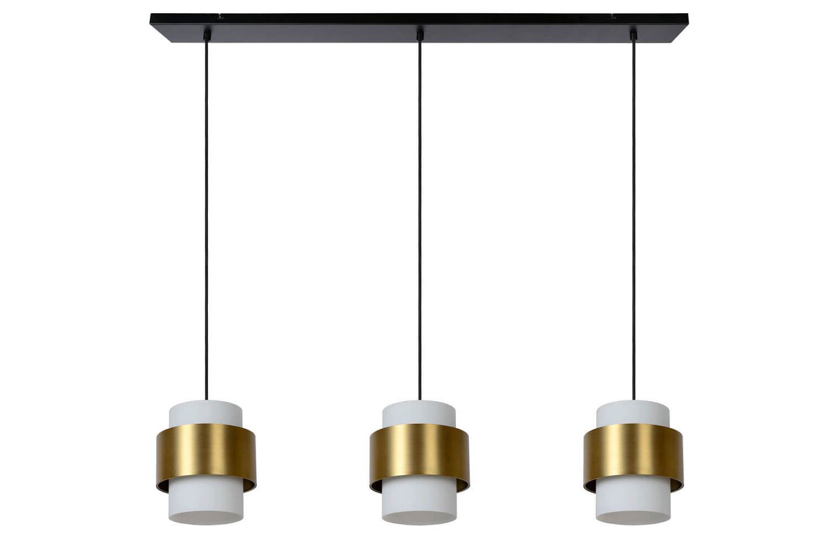 Trois luminaires éteints montrant le verre blanc des diffuseurs cylindriques