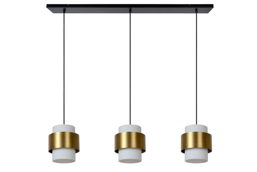 Trois luminaires éteints montrant le verre blanc des diffuseurs cylindriques