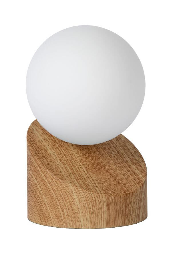 Globe en verre opale blanc éteint posé sur son socle en bois