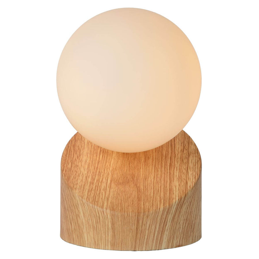 Détail du socle en bois clair veiné et du globe allumé