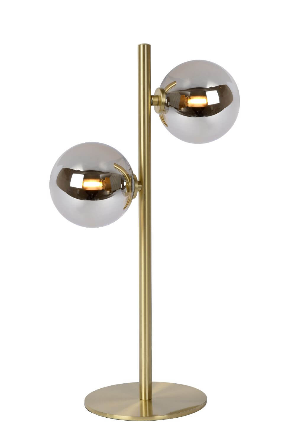 Lampe à poser dorée sur fond blanc, deux globes en verre fumé transparent.
