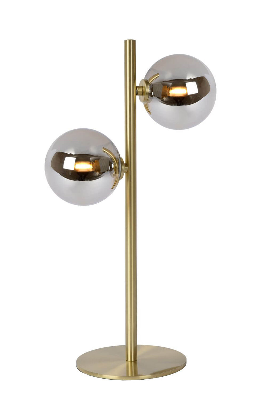 Lampe à poser dorée sur fond blanc, deux globes en verre fumé transparent.