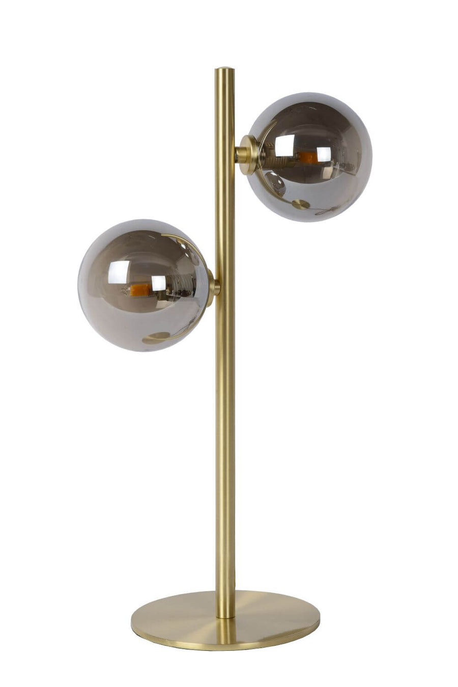 Profil de la lampe dorée avec deux globes en verre fumé, fond blanc.