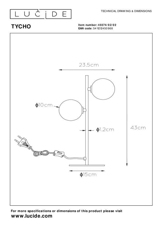 Schéma technique avec dimensions : hauteur 43 cm, base 15 cm, globes 10 cm.