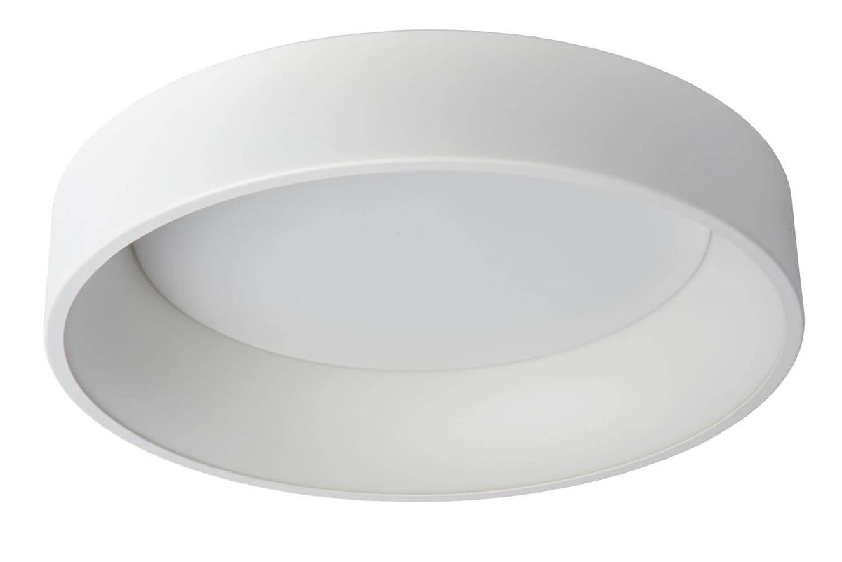 Luminaire éteint vu de face, cercle blanc mat au diffuseur central légèrement bombé
